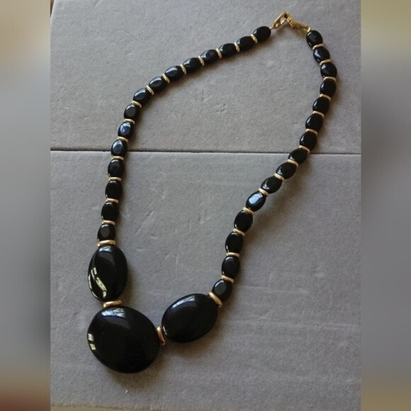 Napier Black Bead & Enamel Necklace With Gold accents - Picture 1 of 7